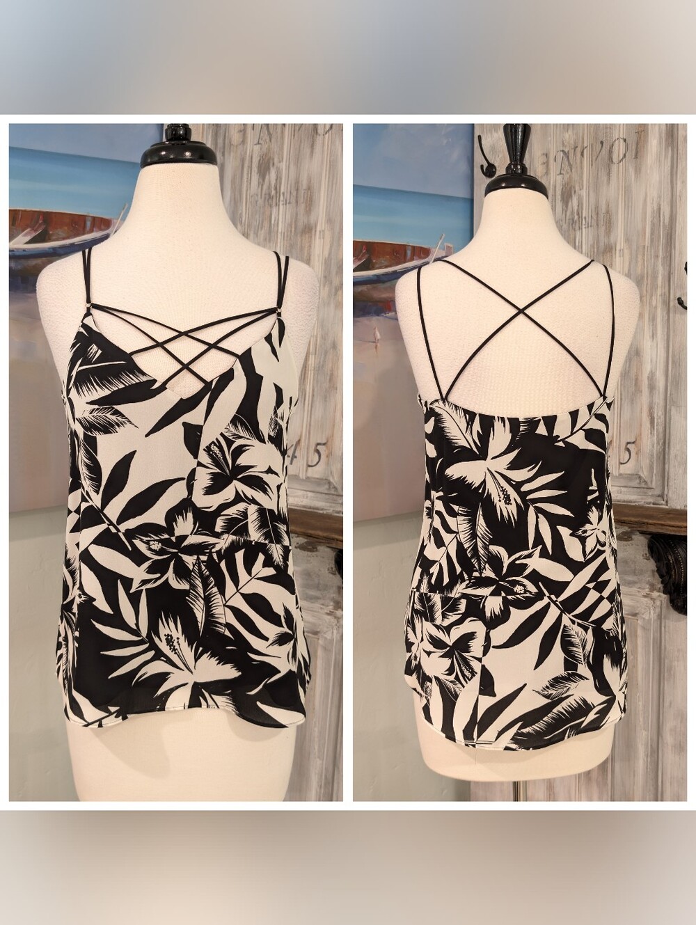 NWT Express Black & White Floral Crisscross Strappy Cami